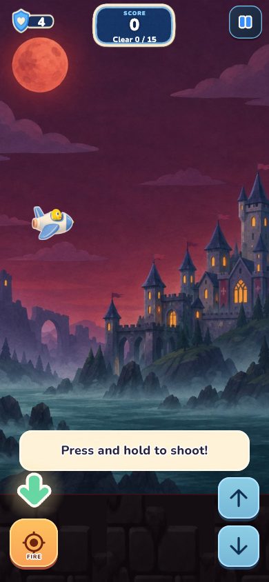 A night-time castle stage: press and hold to shoot