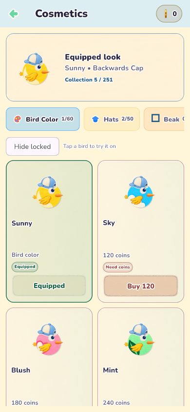The cosmetics screen with bird colors and hats