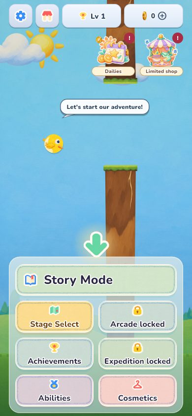 The home screen with Story mode, stage select and cosmetics