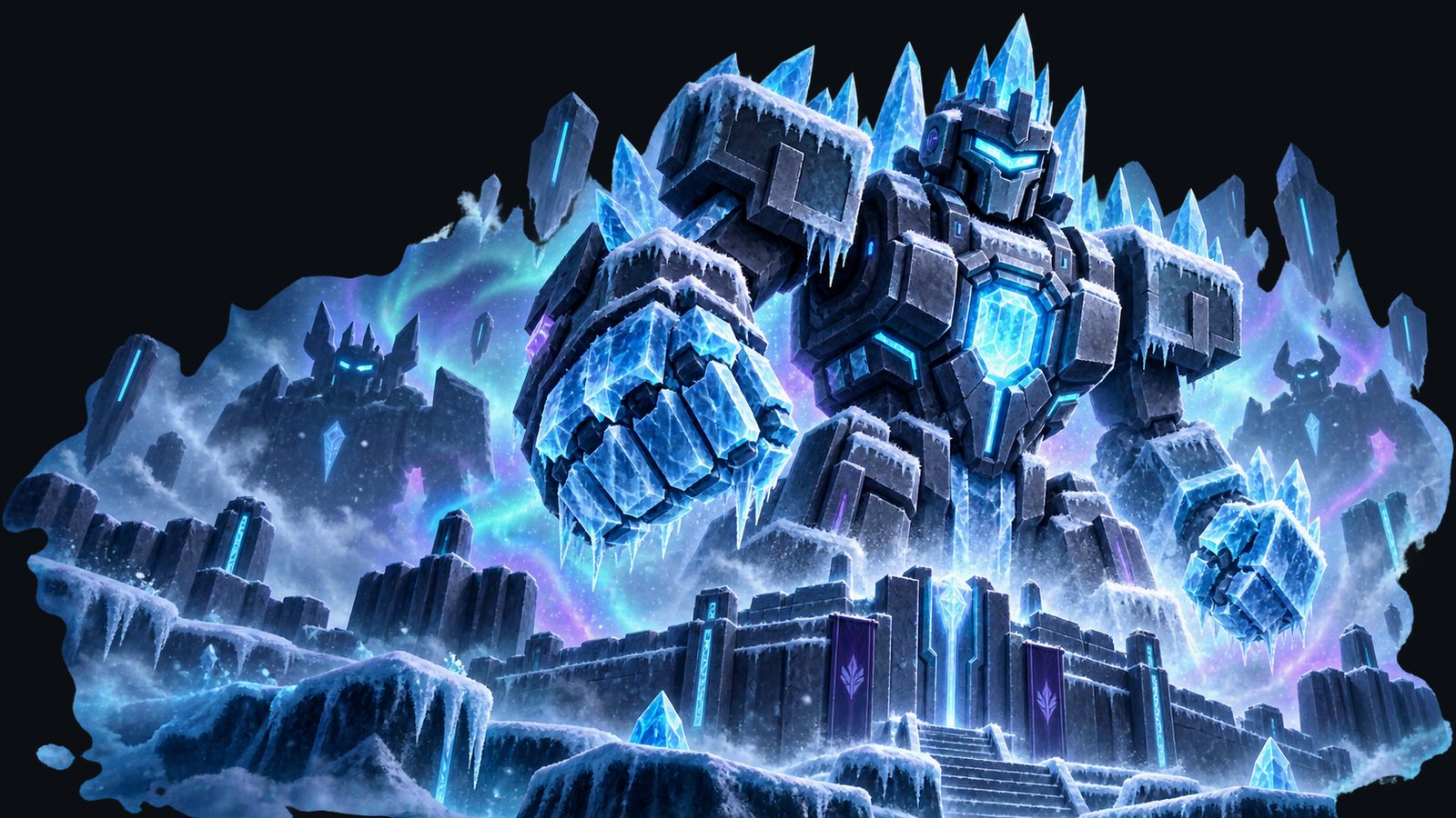 Boss Siege event art: an ice colossus rises from a frozen fortress