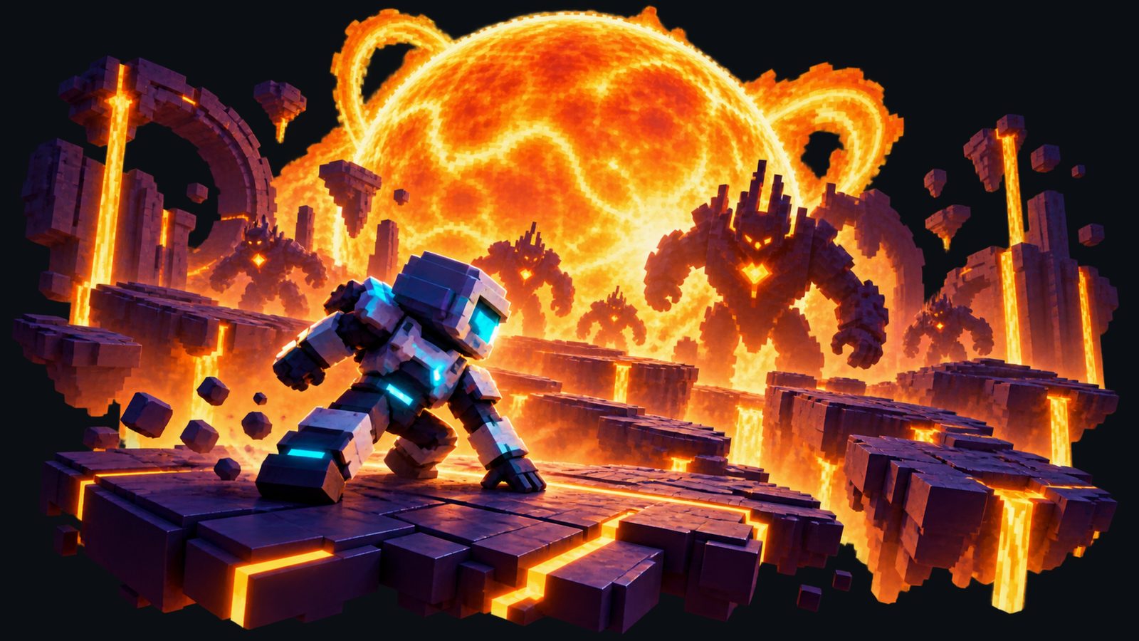 Endless Survival event art: a voxel hero runs across lava as a fire giant rises