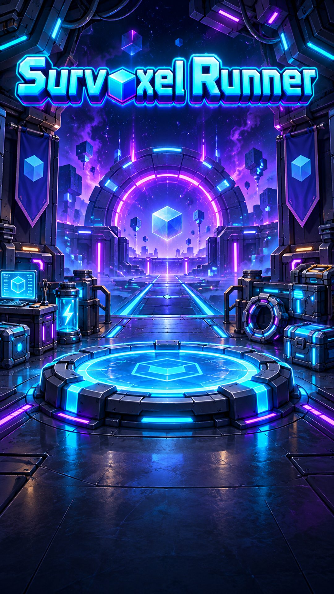 Survoxel Runner title art: a glowing voxel cube in a neon arena