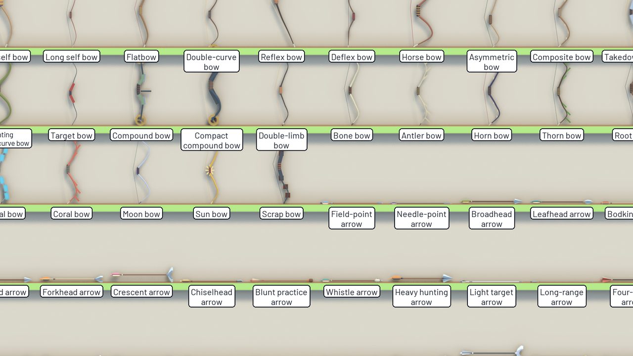 Voxel Bows and Arrows pack: every model, lined up